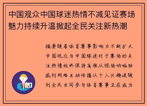 中国观众中国球迷热情不减见证赛场魅力持续升温掀起全民关注新热潮